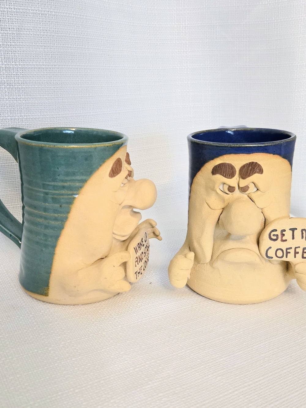Funny Face Coffee Mugs W Hands Give Me & Smell Coffee Studio Pottery 3D Funny